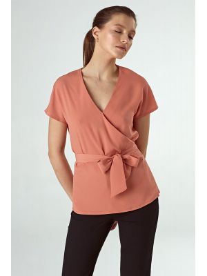 Bluza cu aspect petrecut si cordon, apricot poza 0