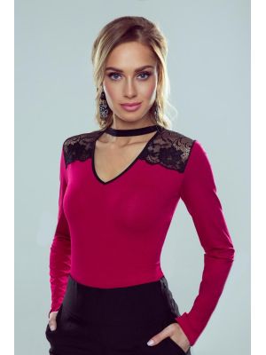Bluza magenta decoltata in V, cu danteluta poza 0
