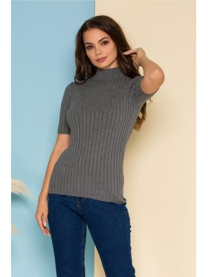 Bluza din tricot gri mulata cu maneci scurte poza 0