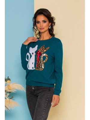Planting trees Outstanding Center Bluza Kitty din jerse turcoaz cu aplicatii tip pisici FBL275064CMD - Bluze dama - Bluze cu maneca lunga Planting trees Outstanding Center Bluza Kitty din jerse turcoaz cu aplicatii tip pisici FBL275064CMD - Bluze dama - Bluze cu maneca lunga