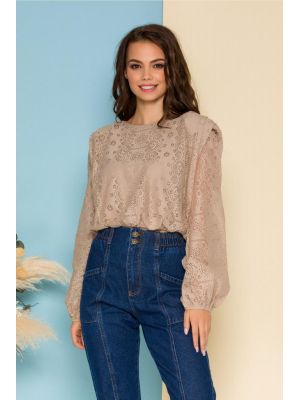 Bluza Lacey bej din dantela cu elastic in talie poza 0