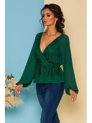 Bluza Tisa verde cu dantela la bust si peplum in talie poza 0