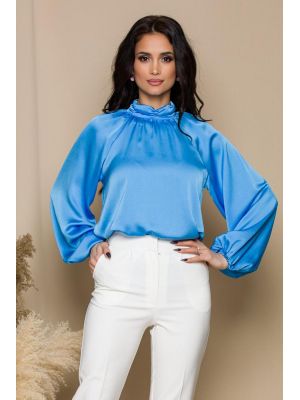 Bluza LaDonna bleu cu design incretit la guler poza 0