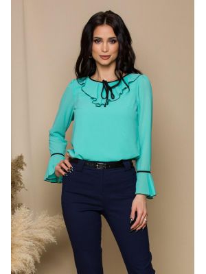 Bluza Miruna verde mint accesorizata cu volanase si snur negru poza 0