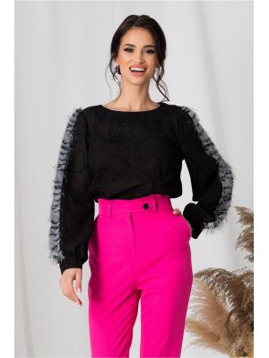 Bluza Dora neagra cu franjuri gri pe maneci poza 0