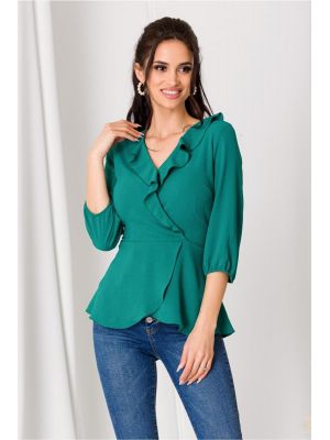 Bluza Rona verde cu volanase la decolteu si peplum in talie poza 0