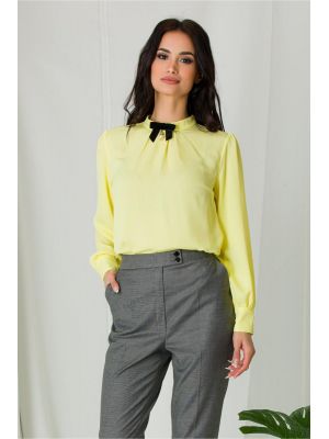Bluza Naty galbena cu pliuri si fundita la guler poza 0