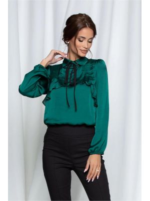 Bluza Moze verde cu snur la gat si volanas la bust poza 0