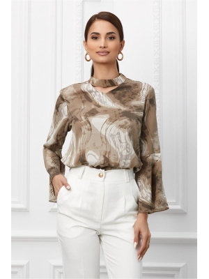 Bluza Flori beige cu imprimeu si maneci tip clopot poza 0