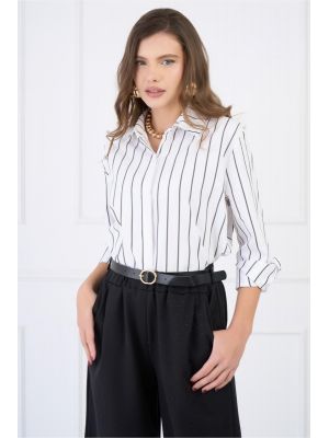 Camasa office din bumbac alba cu dungi negre poza 0