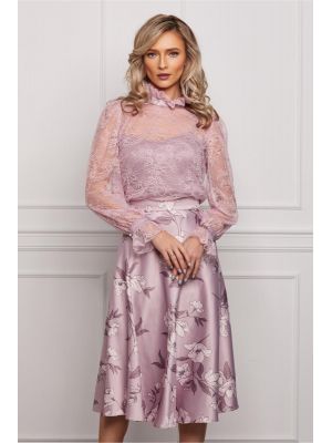 Compleu Dy Fashion roz cu bluza din dantela si fusta din satin cu imprimeu poza 0