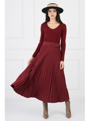 Fusta Dorina burgundy midi cu pliuri si curea in talie poza 0