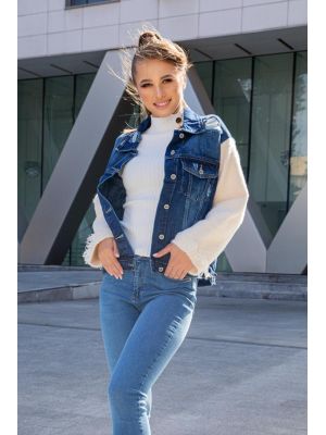 Jacheta Doris bleu din denim cu maneci din tricot pufos poza 0