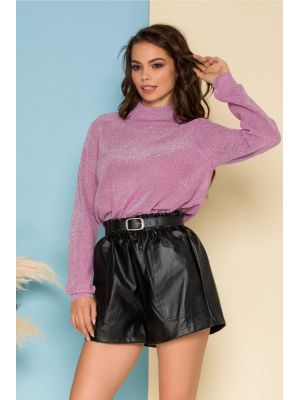 Pantaloni scurti negri din piele ecologica cu talie elastica poza 0