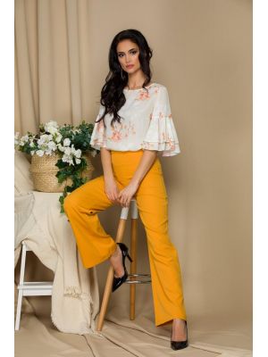 Pantaloni LaDonna galben mustar evazati cu nasturi decorativi poza 0