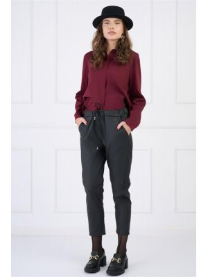 Pantaloni din piele ecologica negri cu elastic si snur in talie poza 0