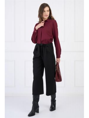 Pantaloni smart-casual din stofa negri evazati cu buzunare si cordon poza 0