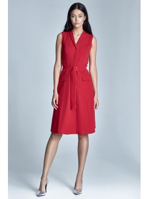 Rochie rosie, midi, cu cordon in talie poza 0