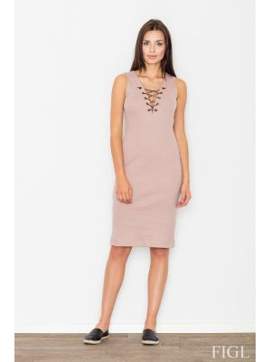 Rochie midi, roz prafuit, cu siret la decolteu poza 0