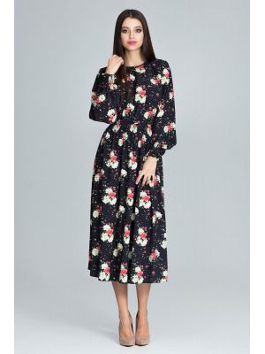 Rochie midi moderna, cu imprimeu floral negru-multicolor poza 0
