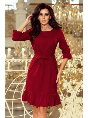 Rochie cu cordon in talie de culoare bordo poza 0