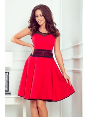 Rochie rosie cu detalii negre, eleganta poza 0