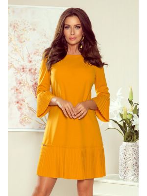 Rochie eleganta, de culoare mustar, cu pliseuri poza 0
