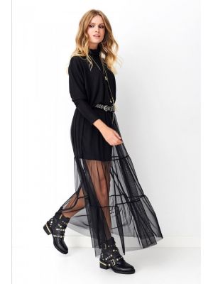 Rochie moderna, neagra, cu insertie din tul poza 0