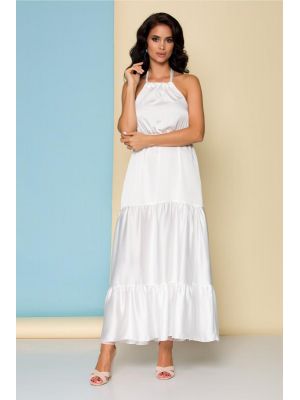 Rochie alba din satin cu prindere dupa gat poza 0