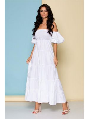 Rochie alba Oana cu maneci scurte lasate pe umeri poza 0