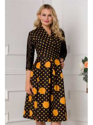 Rochie Anya neagra cu buline galbene si maneci din dantela poza 0
