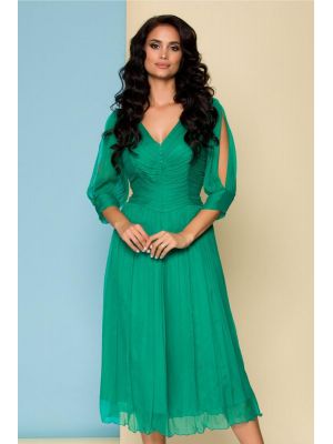 Rochie Ginette din matase verde cu maneci decupate si bustul tip corset poza 0