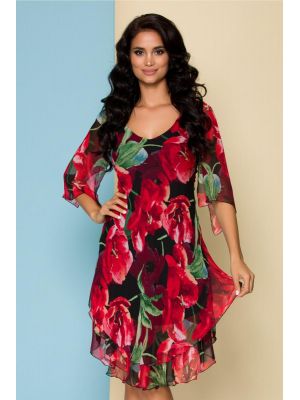 Rochie Ginette neagra din voal cu imprimeu floral rosu poza 0