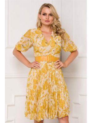 Rochie Isabella galbena cu imprimeu tropical si fusta plisata poza 0