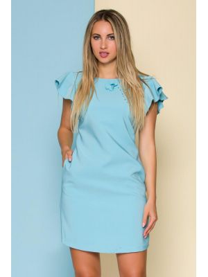 Rochie LaDonna bleu cu volane la maneci si flori 3D la decolteu poza 0