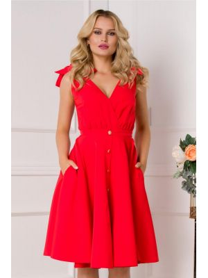 Rochie MBG rosie cu nasturi decorativi si fundite la umeri poza 0