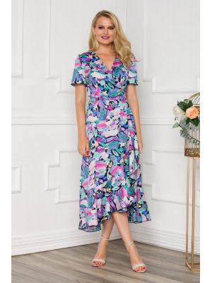 Rochie midi petrecuta bleumarin cu imprimeuri florale in nuante pastelate poza 0