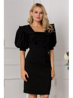 Rochie Natalie neagra cu maneci bufante si volanase poza 0