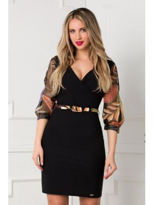 Rochie neagra cu maneci trei sferturi din voal cu imprimeu floral poza 0