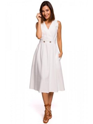 Rochie midi, alba, decoltata in V poza 0