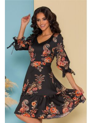 Rochie Bya neagra cu imprimeuri caramizii si volan la baza poza 0