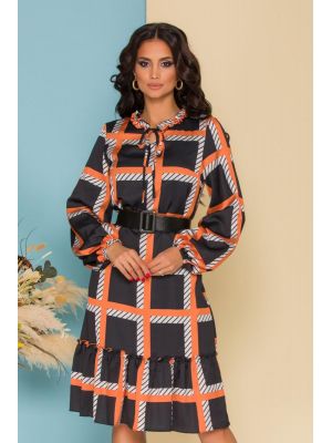 Rochie Olla neagra cu imprimeu orange si volan poza 0