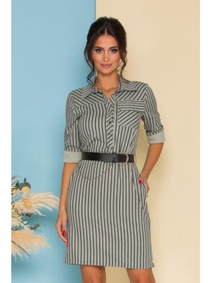Rochie tip camasa cu imprimeu in dungi si curea cu lant in talie poza 0