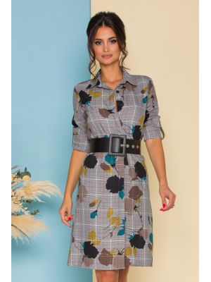 Rochie tip camasa in carouri cu frunze galbene si curea lata in talie poza 0