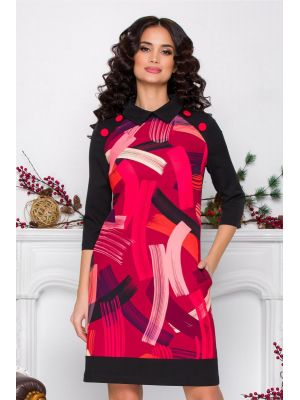 Rochie MBG neagra cu imprimeu divers pe rosu si nasturi decorativi la umeri poza 0