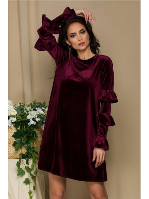 Rochie LaDonna grena din catifea cu volane pe maneci poza 0