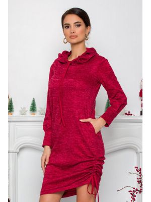 Rochie Moze bordo din tricot cu gluga si buzunare poza 0