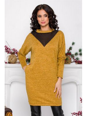 Rochie Moze galben mustar din jerse cu insertie tip plasa la bust poza 0