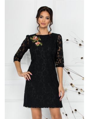 Rochie LaDonna neagra din dantela cu broderie florala la bust poza 0