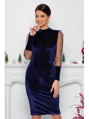 Rochie MBG bleumarin din catifea cu maneci din tull cu buline si mansete late poza 0